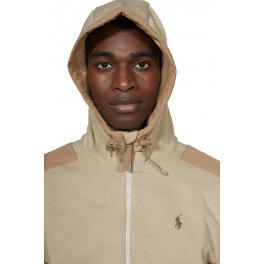Sweatshirt zip à capuche bi matière beige