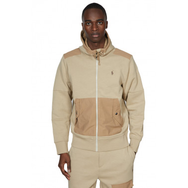 Sweatshirt zip à capuche bi matière beige