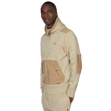 Sweatshirt zip à capuche bi matière beige