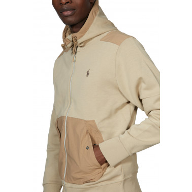 Sweatshirt zip à capuche bi matière beige