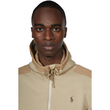 Sweatshirt zip à capuche bi matière beige